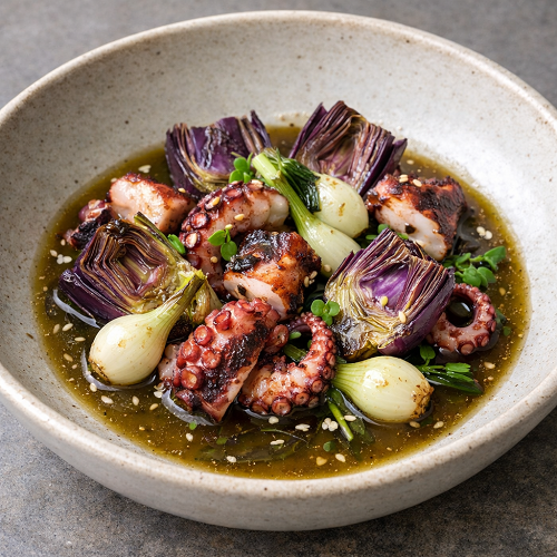 poulpe artichauds et oigons sauce kumbo au thé vert kamélya